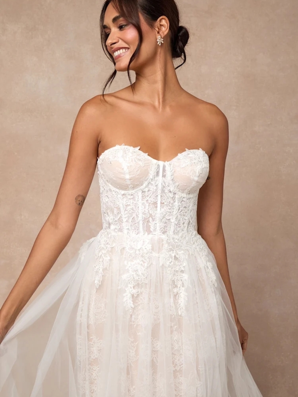 Colette White and Beige Lace Bustier Maxi Dress